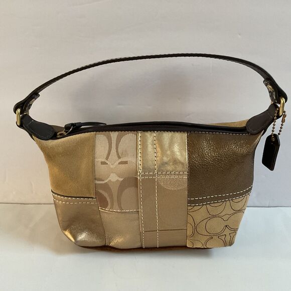 Coach Y2K Gold Patchwork Suede Canvas Metallic Leather Baguette Demi Mimi Bag - Picture 1 of 13